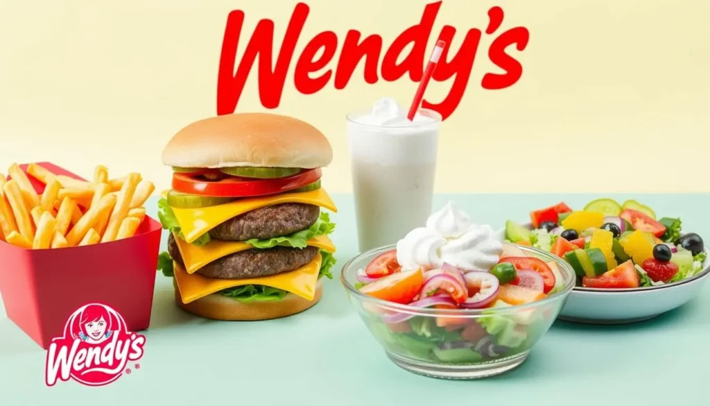 A vibrant and appetizing display of an array of Wendy's menu items, including a fresh and juicy cheeseburger stacked high with lettuce, tomato, pickles, and melted cheese; crispy golden fries placed in a red container; a refreshing frosty dessert; and a colorful garden salad with a variety of vegetables. The background should be bright and inviting, emphasizing the freshness and deliciousness of the food without any text or characters.