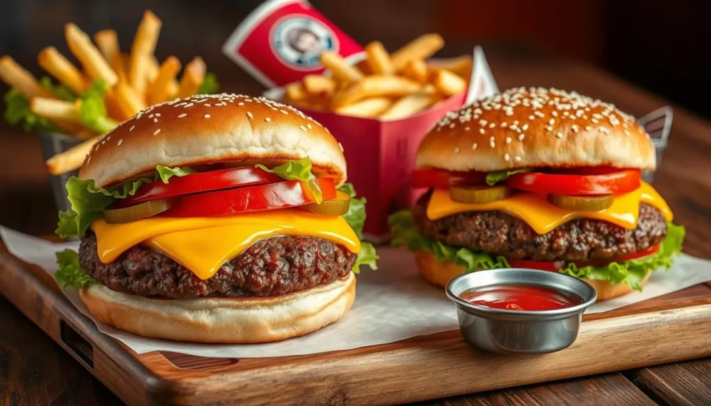 A vibrant, appetizing display of Wendy's classic burgers, featuring a juicy beef patty, fresh lettuce, ripe tomatoes, melted cheese, crisp pickles, and a toasted sesame seed bun, with a side of golden fries and a dipping sauce, all presented on a rustic wooden table with warm lighting to enhance the meal's colors and textures.