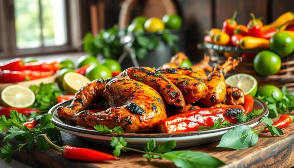 A vibrant Caribbean-style kitchen scene showcasing a beautifully plated jerk chicken, marinated in a spicy Scotch bonnet sauce, surrounded by tropical ingredients like fresh herbs, limes, and colorful vegetables. The chicken is grilled to perfection with a smoky char, and the background features a rustic wooden table and an assortment of scotch bonnet peppers in various colors. Sunlight filters in through a window, casting warm tones over the delicious dish.