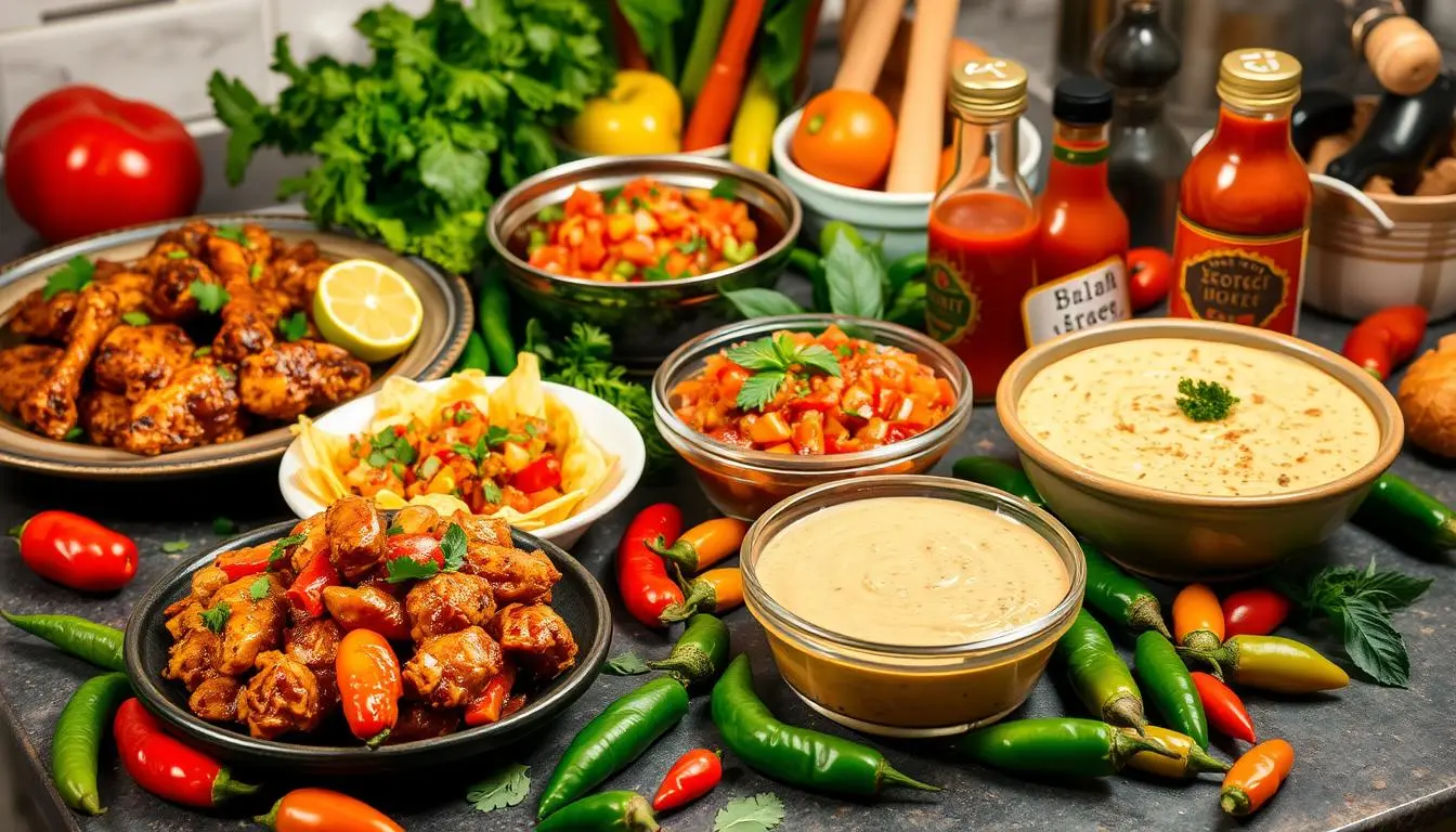 A vibrant kitchen scene featuring an array of colorful dishes showcasing Scotch bonnet peppers as the star ingredient, including a spicy jerk chicken plate, a zesty salsa bowl, a fiery hot sauce bottle, and a creamy Scotch bonnet infused dip. Surrounding all these dishes are fresh vegetables, herbs, and scattered whole Scotch bonnet peppers, with a warm, inviting light illuminating the space.