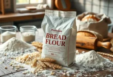 A rustic wooden table scattered with different types of flour, focusing on a bag of premium bread flour, with soft wheat grains around it, a rolling pin, measuring cups, and freshly baked loaves of bread in the background, warm and inviting kitchen atmosphere with natural sunlight streaming in.