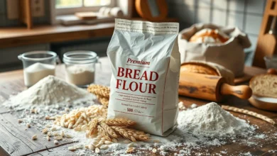 A rustic wooden table scattered with different types of flour, focusing on a bag of premium bread flour, with soft wheat grains around it, a rolling pin, measuring cups, and freshly baked loaves of bread in the background, warm and inviting kitchen atmosphere with natural sunlight streaming in.