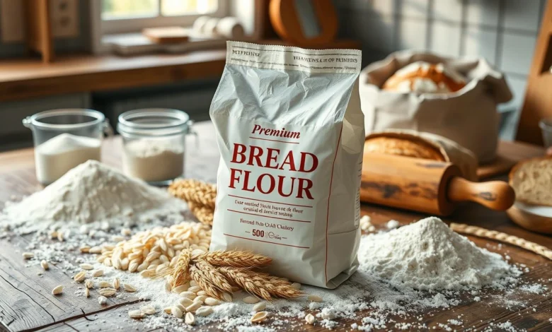 A rustic wooden table scattered with different types of flour, focusing on a bag of premium bread flour, with soft wheat grains around it, a rolling pin, measuring cups, and freshly baked loaves of bread in the background, warm and inviting kitchen atmosphere with natural sunlight streaming in.