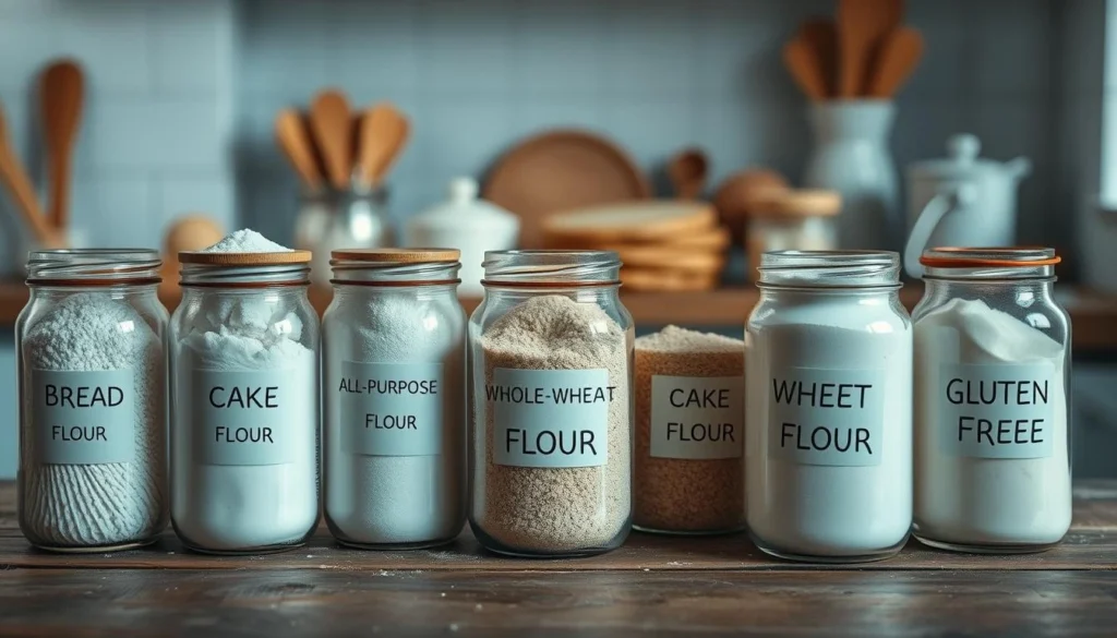 An elegant display of various types of flour in glass jars, arranged on a rustic wooden table. Each jar showcases distinct textures and colors: bread flour, all-purpose flour, whole wheat flour, cake flour, and gluten-free flour. Soft natural lighting illuminates the scene, highlighting the fine granules and the labels on each jar. In the background, a blurred out kitchen setting with baking tools and ingredients adds warmth to the composition.