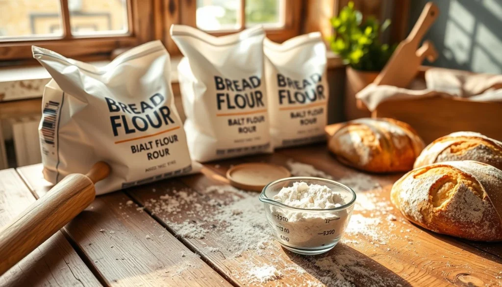 A rustic wooden table scattered with bags of bread flour, a measuring cup filled with fluffy white flour, a rolling pin, and some freshly baked artisan bread, warm sunlight streaming in from a nearby window, creating a cozy baking atmosphere.
