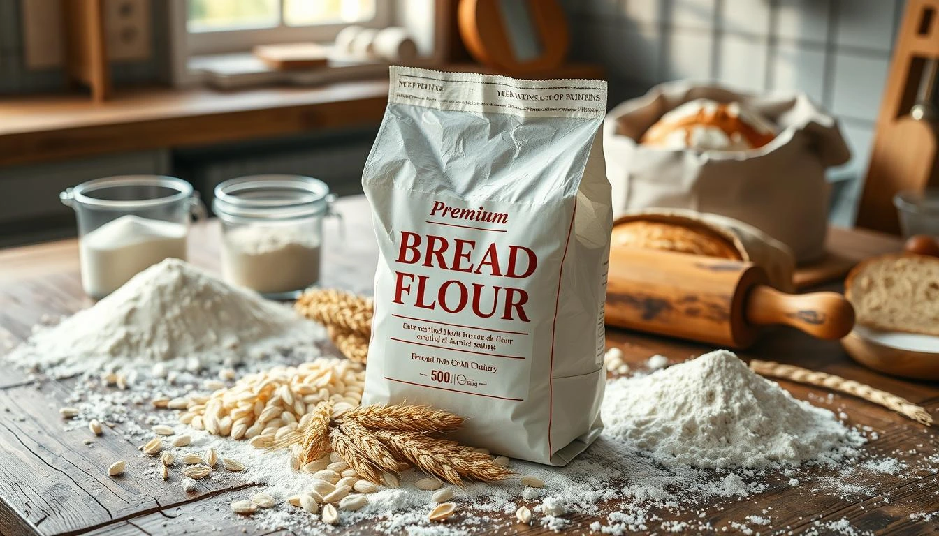 A rustic wooden table scattered with different types of flour, focusing on a bag of premium bread flour, with soft wheat grains around it, a rolling pin, measuring cups, and freshly baked loaves of bread in the background, warm and inviting kitchen atmosphere with natural sunlight streaming in.