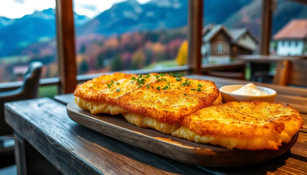 A rustic wooden table featuring a freshly cooked potato rösti, golden and crispy on the outside, garnished with fresh herbs, side of sour cream, and colorful Swiss mountain scenery in the background, warm lighting, inviting atmosphere.