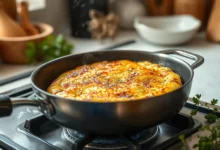 A golden-brown potato rosti sizzling in a skillet on a stovetop, steam rising gently in the air, surrounded by fresh herbs and a light dusting of sea salt, with a warm kitchen ambiance and soft focus background of wooden utensils and a cozy atmosphere.