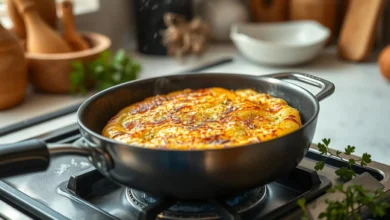 A golden-brown potato rosti sizzling in a skillet on a stovetop, steam rising gently in the air, surrounded by fresh herbs and a light dusting of sea salt, with a warm kitchen ambiance and soft focus background of wooden utensils and a cozy atmosphere.