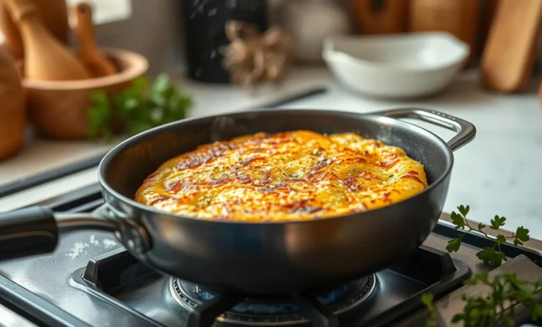 A golden-brown potato rosti sizzling in a skillet on a stovetop, steam rising gently in the air, surrounded by fresh herbs and a light dusting of sea salt, with a warm kitchen ambiance and soft focus background of wooden utensils and a cozy atmosphere.