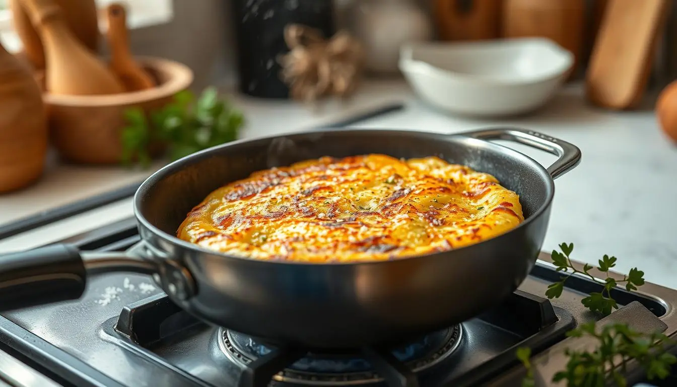 A golden-brown potato rosti sizzling in a skillet on a stovetop, steam rising gently in the air, surrounded by fresh herbs and a light dusting of sea salt, with a warm kitchen ambiance and soft focus background of wooden utensils and a cozy atmosphere.