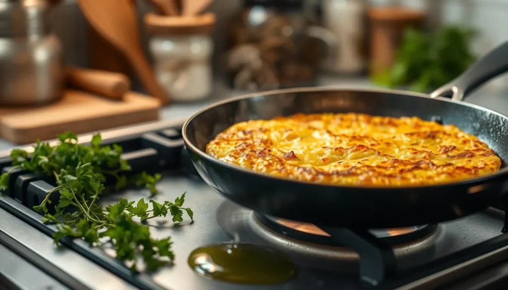 A golden-brown potato rosti sizzling in a skillet on a stovetop, steam rising as it reheats, surrounded by fresh herbs and a few tablespoons of oil glistening, with a cozy kitchen background featuring soft lighting and rustic utensils.