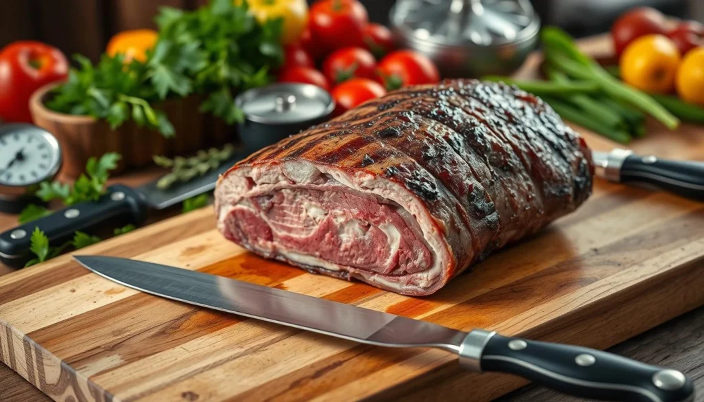 A beautifully marbled blade roast on a rustic wooden cutting board, surrounded by an array of essential cooking tools like a sharp chef's knife, a meat thermometer, and a sturdy carving fork, with fresh herbs and colorful vegetables in the background, soft warm lighting highlighting the scene.