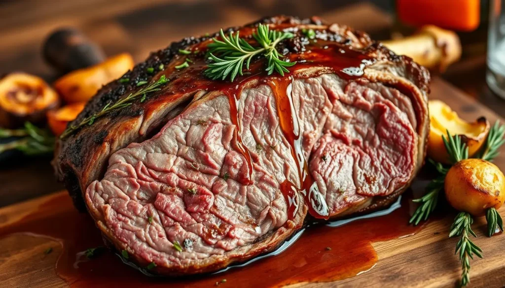 A beautifully cooked blade roast, juicy and succulent, garnished with fresh herbs and accompanied by roasted vegetables, set on a rustic wooden cutting board, with rich gravy drizzled over it, warm lighting highlighting the marbling of the meat and the textures of the vegetables.