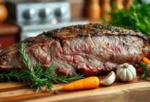 A beautifully marbled blade roast, cooked to perfection, resting on a rustic wooden cutting board, surrounded by fresh herbs like rosemary and thyme, with vibrant vegetables such as carrots and garlic cloves artfully arranged around it, all set against a warm, inviting kitchen backdrop.