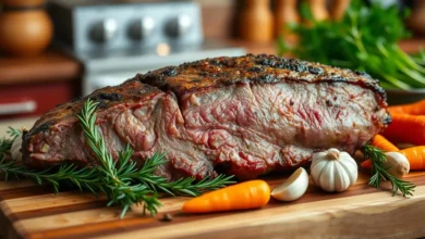 A beautifully marbled blade roast, cooked to perfection, resting on a rustic wooden cutting board, surrounded by fresh herbs like rosemary and thyme, with vibrant vegetables such as carrots and garlic cloves artfully arranged around it, all set against a warm, inviting kitchen backdrop.