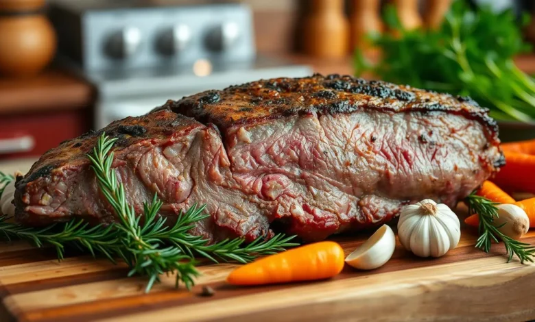 A beautifully marbled blade roast, cooked to perfection, resting on a rustic wooden cutting board, surrounded by fresh herbs like rosemary and thyme, with vibrant vegetables such as carrots and garlic cloves artfully arranged around it, all set against a warm, inviting kitchen backdrop.