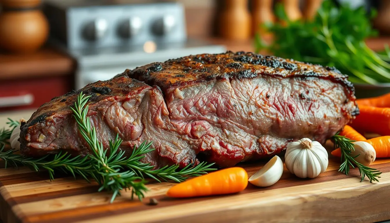 A beautifully marbled blade roast, cooked to perfection, resting on a rustic wooden cutting board, surrounded by fresh herbs like rosemary and thyme, with vibrant vegetables such as carrots and garlic cloves artfully arranged around it, all set against a warm, inviting kitchen backdrop.