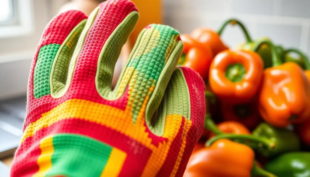 Close-up of colorful pepper gloves designed for handling hot peppers, showcasing a vibrant mix of red, green, and yellow colors, textured surface for grip, with scotch bonnet peppers in the background, bright kitchen setting.