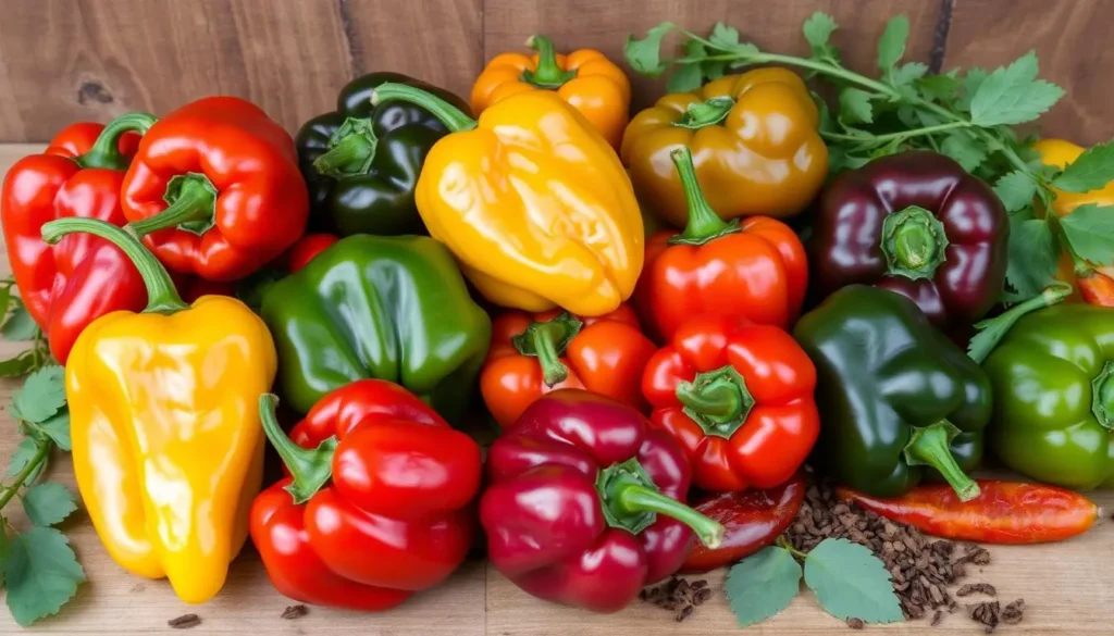 Vibrant arrangement of Scotch Bonnet peppers in various colors, showcasing their unique shapes and textures, surrounded by fresh herbs and spices, with a rustic wooden backdrop for contrast.