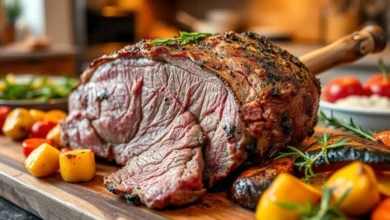 A beautifully cooked blade roast, perfectly browned and juicy, resting on a rustic wooden cutting board, garnished with fresh herbs and surrounded by colorful roasted vegetables, warm lighting enhancing the textures and colors of the meat, an inviting kitchen setting in the background. We'll help you pick the right cut and teach you how to season and cook it. Our tips will make sure your blade roast is always perfect. It will be so tender and full of flavour. This guide is perfect for anyone who wants to get better at roasting.