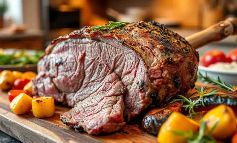 A beautifully cooked blade roast, perfectly browned and juicy, resting on a rustic wooden cutting board, garnished with fresh herbs and surrounded by colorful roasted vegetables, warm lighting enhancing the textures and colors of the meat, an inviting kitchen setting in the background. We'll help you pick the right cut and teach you how to season and cook it. Our tips will make sure your blade roast is always perfect. It will be so tender and full of flavour. This guide is perfect for anyone who wants to get better at roasting.