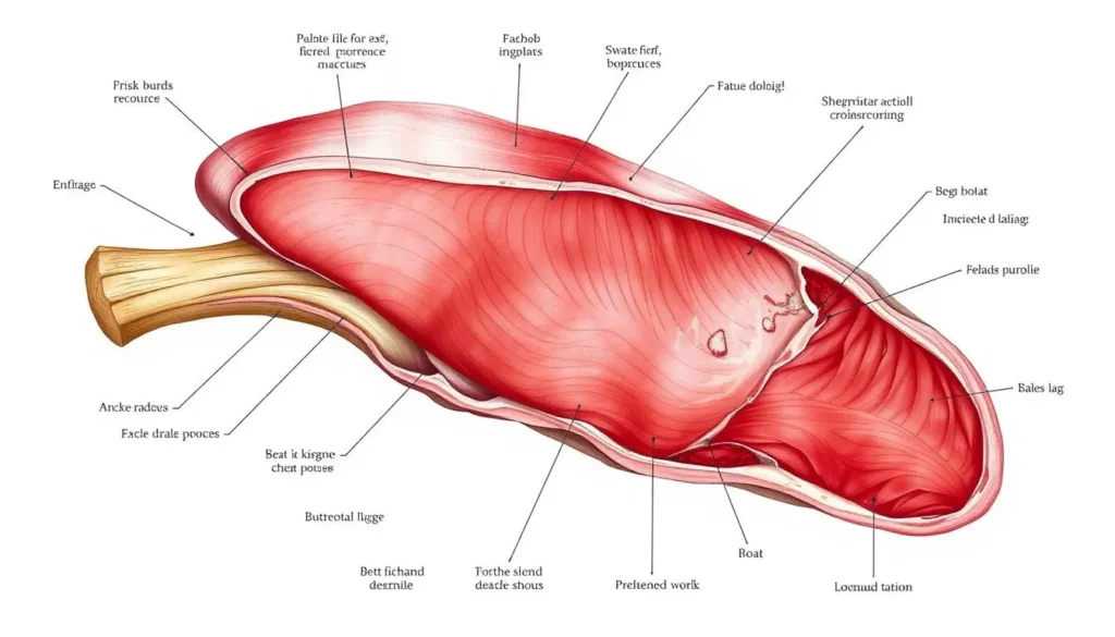 Detailed illustration of beef anatomy, highlighting the blade roast section, showcasing muscle structure and fat distribution, realistic textures, anatomical accuracy, vibrant colors, educational diagram style.