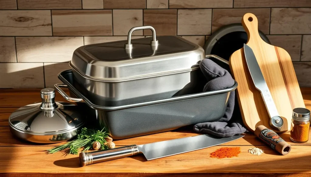 A beautifully arranged collection of essential kitchen tools for roasting, including a heavy-duty roasting pan, a meat thermometer, a pair of sturdy oven mitts, a sharp carving knife, a cutting board, and various spices in small jars. The tools are set on a rustic wooden countertop with soft natural lighting, highlighting their textures and colors.