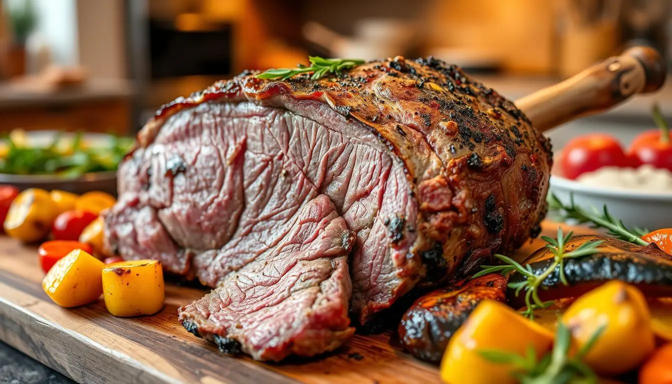 A beautifully cooked blade roast, perfectly browned and juicy, resting on a rustic wooden cutting board, garnished with fresh herbs and surrounded by colorful roasted vegetables, warm lighting enhancing the textures and colors of the meat, an inviting kitchen setting in the background. We'll help you pick the right cut and teach you how to season and cook it. Our tips will make sure your blade roast is always perfect. It will be so tender and full of flavour. This guide is perfect for anyone who wants to get better at roasting.