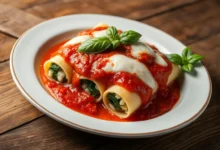 A beautifully plated dish of homemade cannelloni, filled with ricotta and spinach, topped with rich marinara sauce and melted mozzarella cheese, garnished with fresh basil leaves, served on a rustic wooden table. Soft lighting enhances the textures and colors of the ingredients, creating a warm and inviting atmosphere.