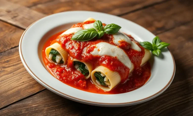 A beautifully plated dish of homemade cannelloni, filled with ricotta and spinach, topped with rich marinara sauce and melted mozzarella cheese, garnished with fresh basil leaves, served on a rustic wooden table. Soft lighting enhances the textures and colors of the ingredients, creating a warm and inviting atmosphere.