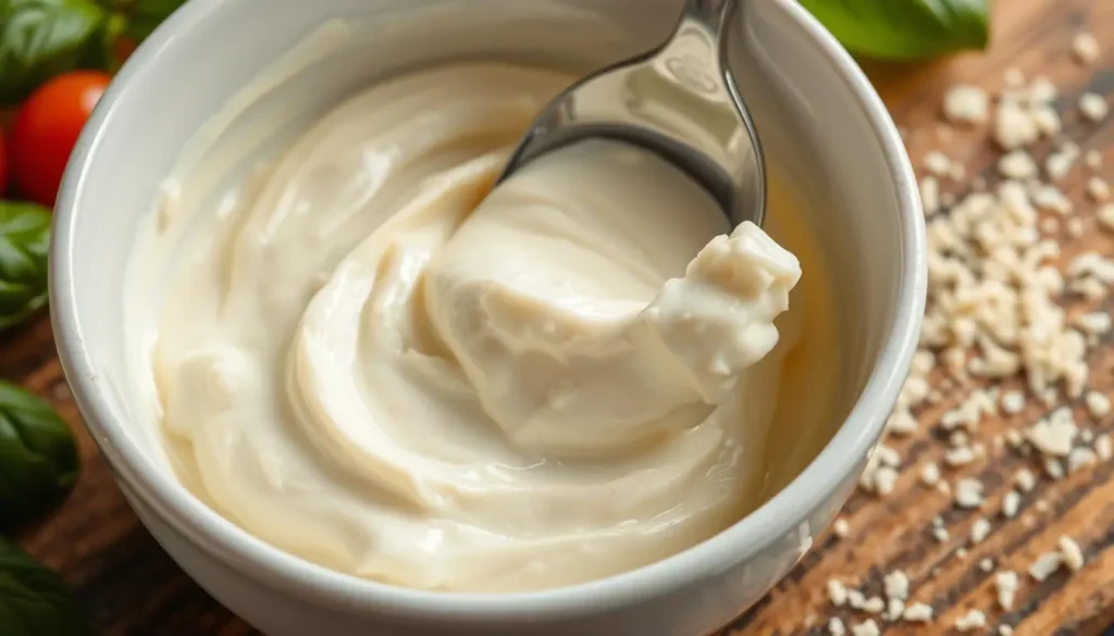 A close-up of creamy ricotta filling being spooned from a bowl, with a smooth, velvety texture glistening in the light, surrounded by fresh basil leaves and a sprinkle of grated parmesan cheese, on a rustic wooden countertop.