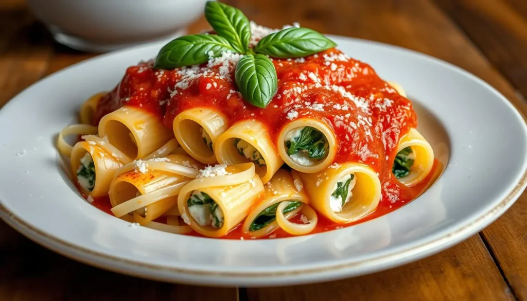 A close-up view of a beautifully plated canneloni dish, showcasing golden-brown pasta tubes filled with rich ricotta and spinach, topped with a luscious marinara sauce, garnished with fresh basil leaves and grated parmesan, set on a rustic wooden table with soft, warm lighting.