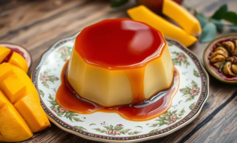 A beautifully crafted Venezuelan flan, known as quesillo, on a decorative plate. The flan has a glossy caramel glaze on top, with rich golden-brown hues. Surrounding the flan are fresh tropical fruits like mango and passionfruit, adding vibrant colors. Soft lighting highlights the smooth texture of the flan and the reflective surface of the caramel. The background features a rustic wooden table setting, evoking a warm, inviting atmosphere.