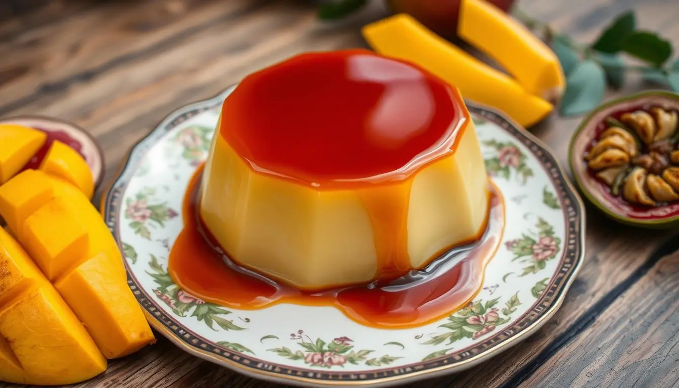 A beautifully crafted Venezuelan flan, known as quesillo, on a decorative plate. The flan has a glossy caramel glaze on top, with rich golden-brown hues. Surrounding the flan are fresh tropical fruits like mango and passionfruit, adding vibrant colors. Soft lighting highlights the smooth texture of the flan and the reflective surface of the caramel. The background features a rustic wooden table setting, evoking a warm, inviting atmosphere.