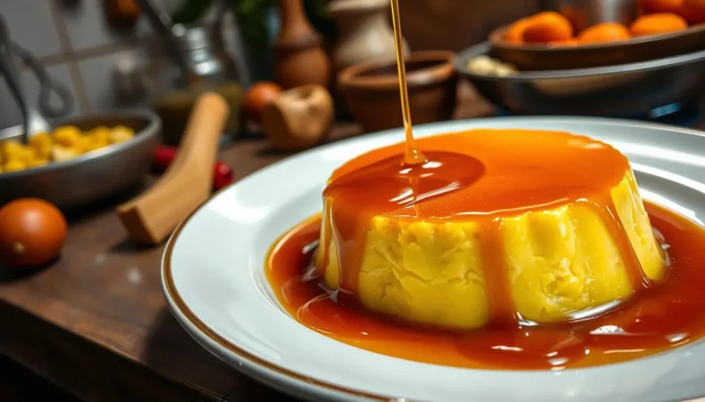 A beautifully plated Venezuelan quesillo, showcasing its creamy caramel sauce glistening on top, surrounded by a rustic kitchen setting with traditional Venezuelan utensils and ingredients in the background, warm lighting highlighting the texture of the flan, inviting and appetizing atmosphere.