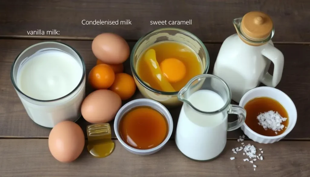 An artistic arrangement of essential ingredients for Venezuelan Quesillo: smooth condensed milk, vibrant eggs, rich whole milk, sweet sugar caramel, a hint of vanilla extract, and a pinch of salt, beautifully displayed on a rustic wooden table with soft natural lighting.