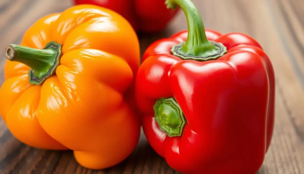 A vibrant, close-up composition featuring a Scotch Bonnet pepper and a Habanero pepper side by side, highlighting their distinct colors and textures. The Scotch Bonnet is bright orange with a wrinkled surface, while the Habanero is a deep red, smooth and glossy. The background is an earthy wooden table, and soft, natural lighting enhances the vividness of the peppers.