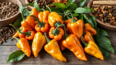 A vibrant arrangement of Scotch Bonnet peppers displayed on a rustic wooden table, showcasing their unique shape, glossy skin, and varying shades of orange and yellow, with soft natural light illuminating their textures, surrounded by lush green leaves and traditional Caribbean spices in the background.