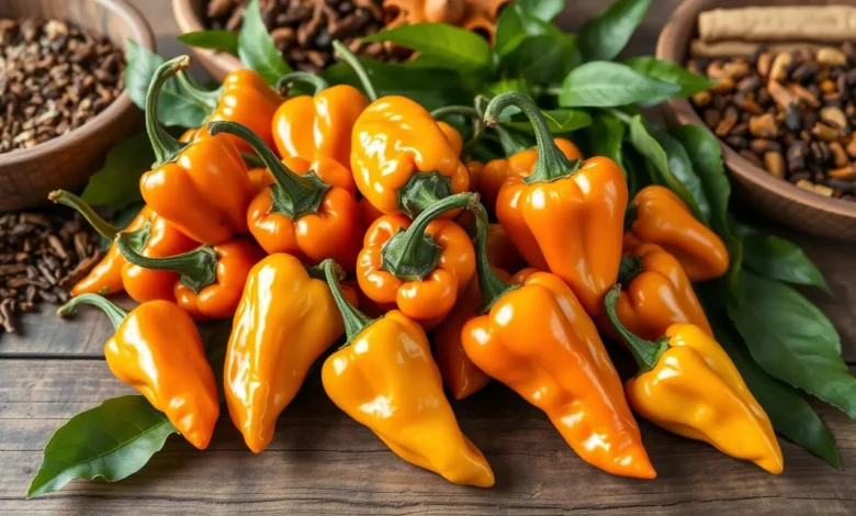 A vibrant arrangement of Scotch Bonnet peppers displayed on a rustic wooden table, showcasing their unique shape, glossy skin, and varying shades of orange and yellow, with soft natural light illuminating their textures, surrounded by lush green leaves and traditional Caribbean spices in the background.