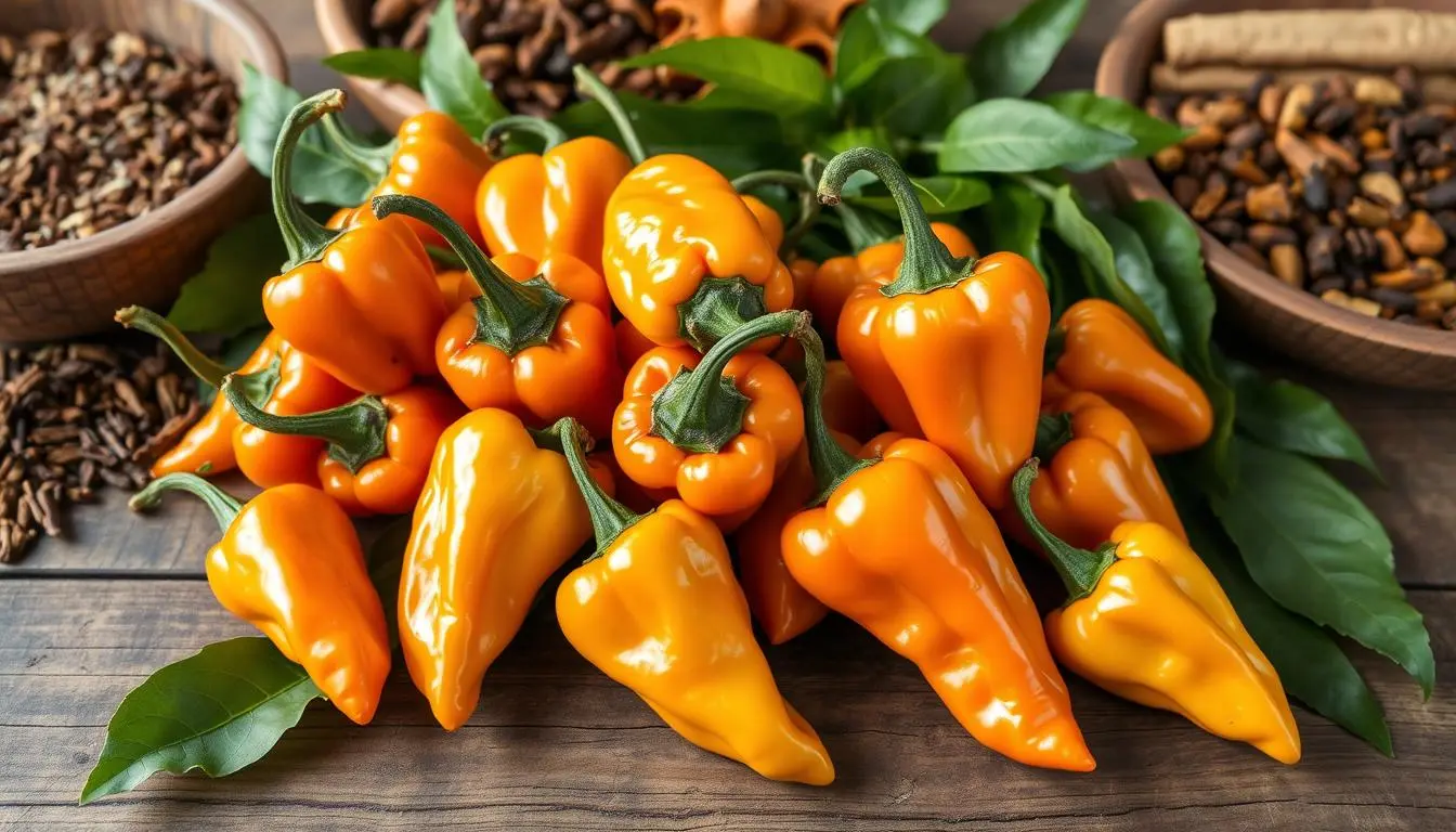 A vibrant arrangement of Scotch Bonnet peppers displayed on a rustic wooden table, showcasing their unique shape, glossy skin, and varying shades of orange and yellow, with soft natural light illuminating their textures, surrounded by lush green leaves and traditional Caribbean spices in the background.