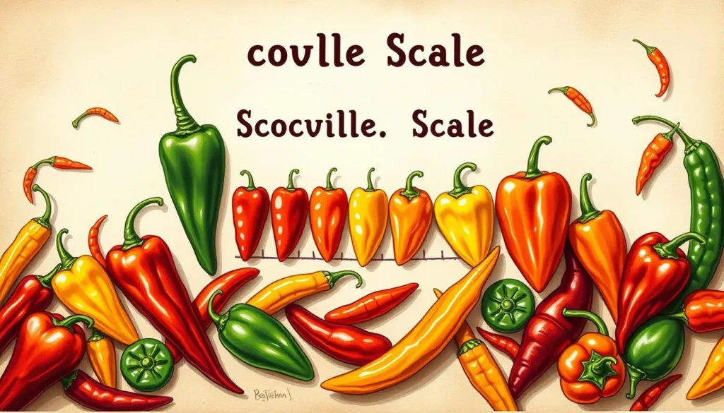 A vibrant, detailed illustration of the Scoville scale, featuring colorful representations of Scotch Bonnet and Habanero peppers at different heat levels, surrounded by an array of other peppers with varying colors and sizes, set against a textured background that emphasizes the fiery nature of hot peppers.